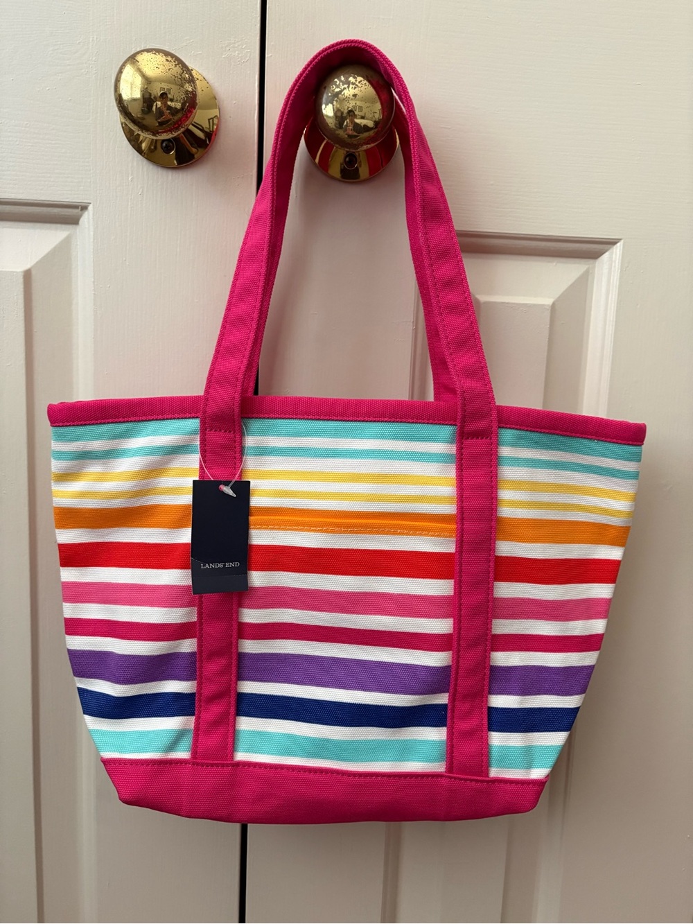 Lands' End Hot Pink Multi-Stripe Canvas Tote
